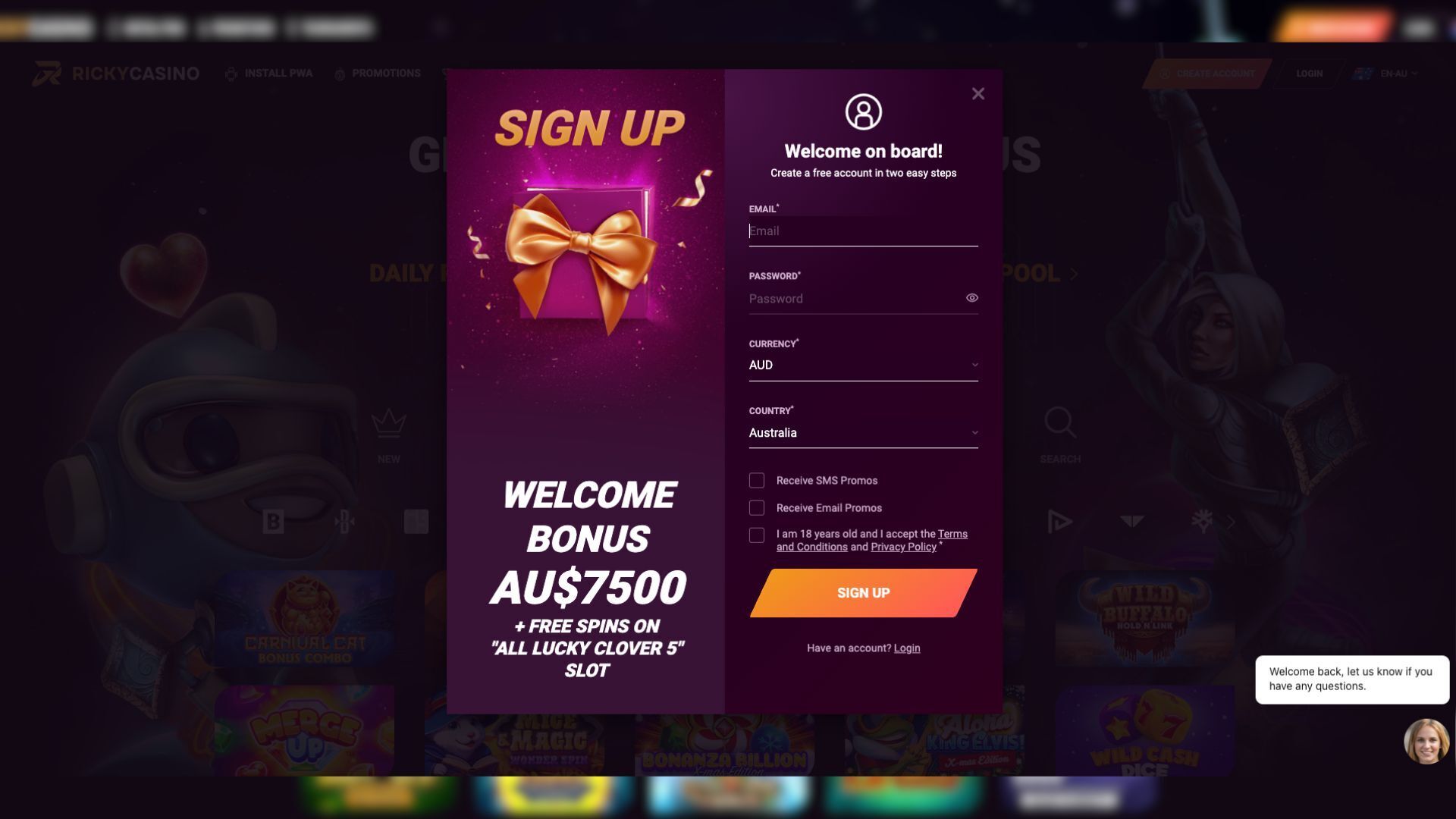 Here's a glimpse of the signup process as you'd experience it at Ricky Casino in Australia.