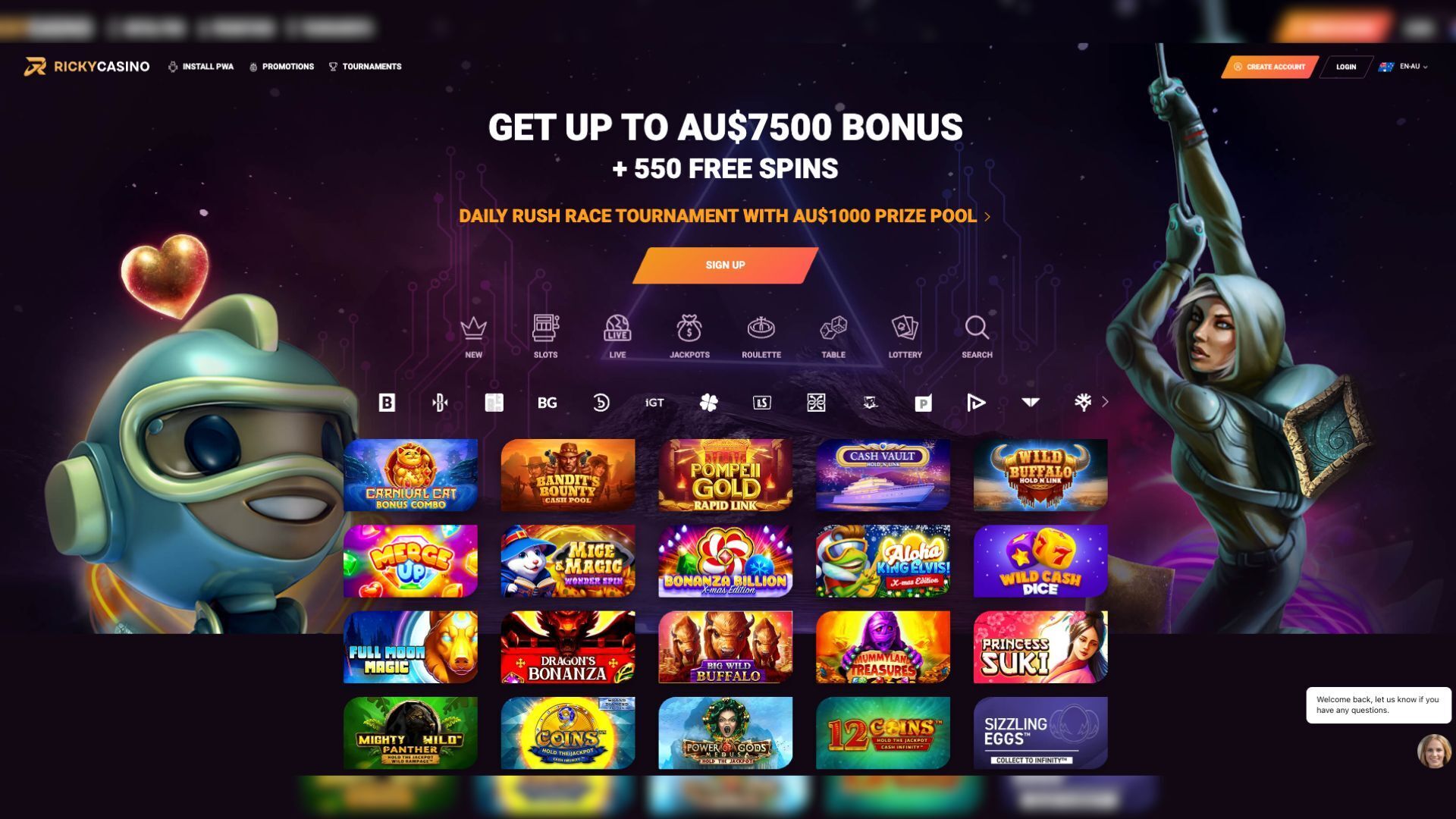 Here's what the homepage of Ricky Casino looks like for players in Australia.