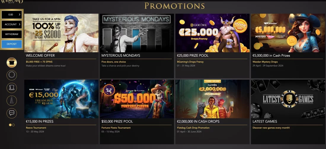 Explore a colorful 4x2 grid of promotion icons, invitingly presented on a black backdrop with 'Promotions' prominently displayed atop.