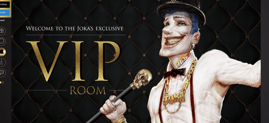 Introducing you to Joka's exclusive VIP room, featuring a whimsical white cartoon joker set against a sleek black background.