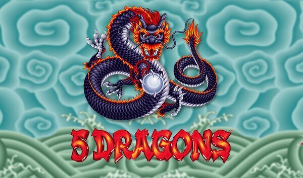 Logo of 5 Dragons slot machine showing a purple dragon against a blue backdrop.