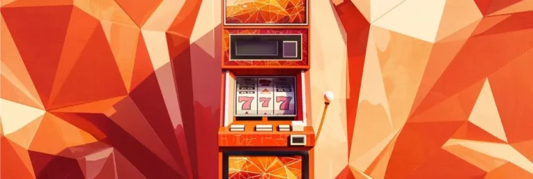 An orange-hued vintage slot machine against an orange geometric backdrop