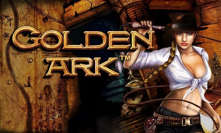 The Golden Ark logo set against a cavernous brown background features a female adventurer on its right.