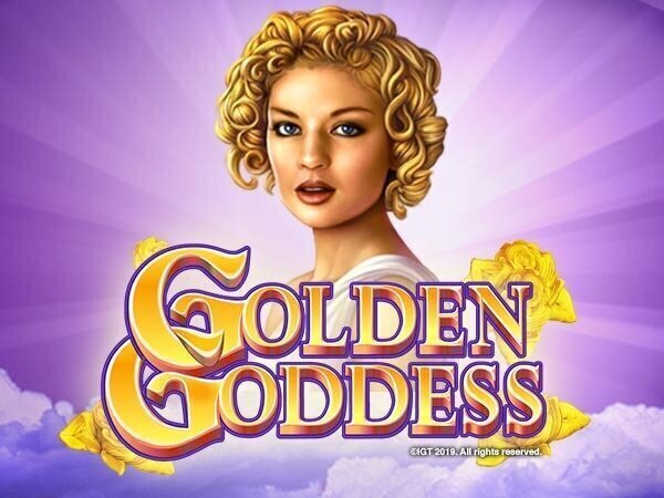 Graphic showcasing the Golden Goddess slot's logo with a female protagonist