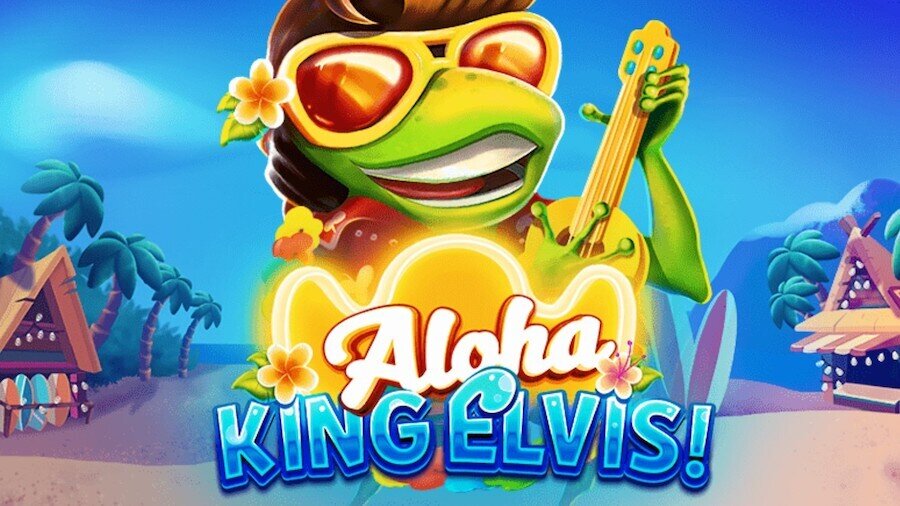 Aloha King Elvis logo featuring a frog dressed as Elvis in vibrant green garb.
