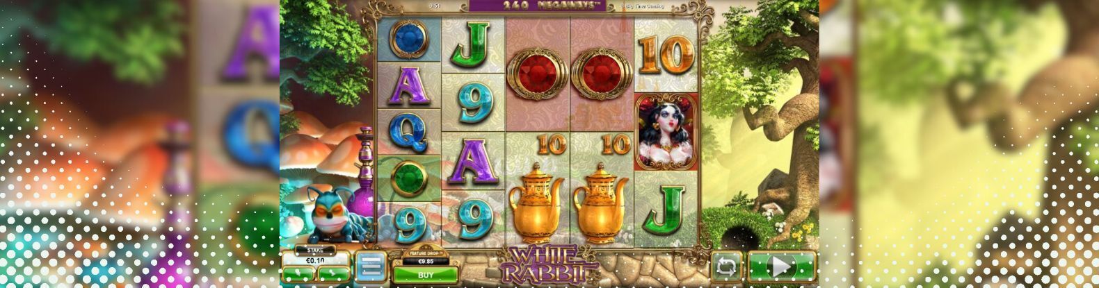 This is a visual of White Rabbit Pokies Game from Real Time Gaming