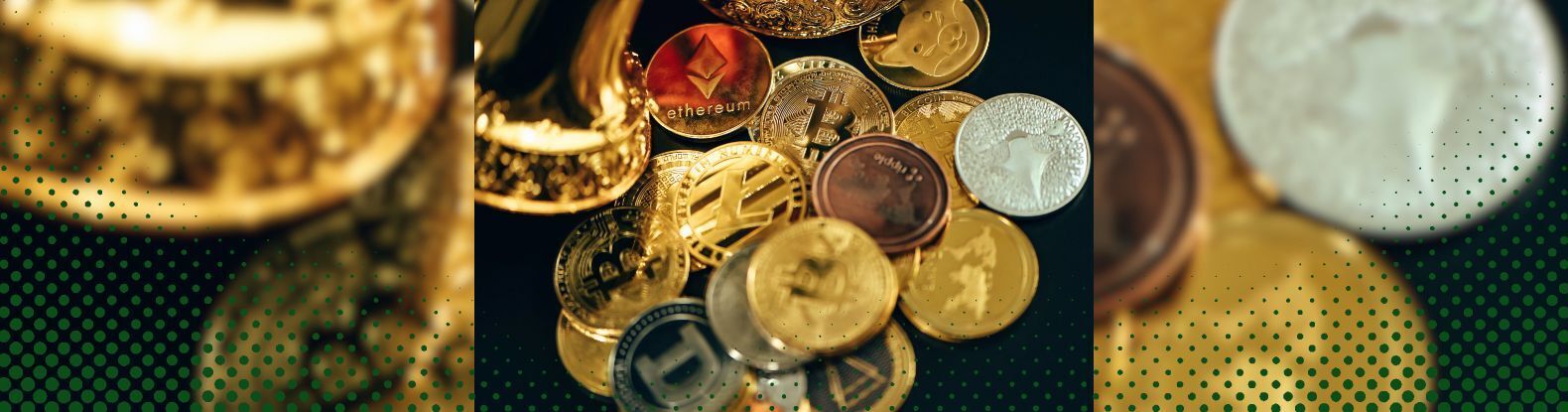 This is an artistic portrayal of cryptocurrency coins