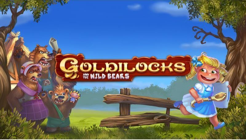 A charming scene featuring a little blonde girl and a group of bears by a wooden fence amidst forest backdrops, accentuated by the Goldilocks and The Wild Bears Logo