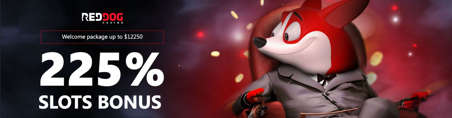 Red Dog Casino's welcoming bonus invites you with a red and white pup in a dapper grey suit against a blurred backdrop.