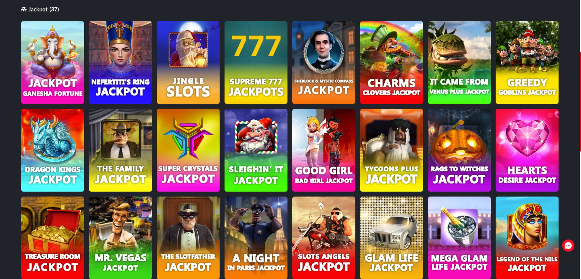 Jackpot game logos at Red Dog Casino shine brightly in an 8x3 grid against a contrasting black background.