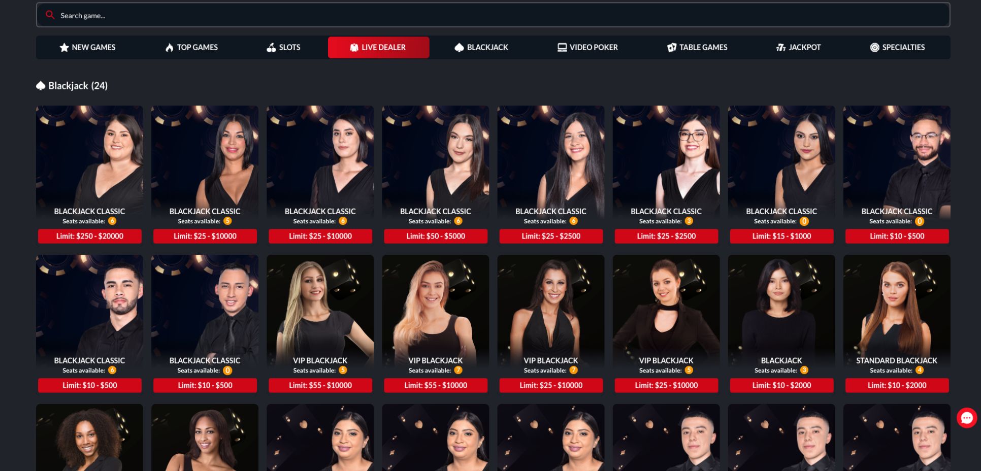 An enthralling live dealer experience at Red Dog Casino depicted through an 8x3 grid of engaging dealer photos on a dark backdrop.
