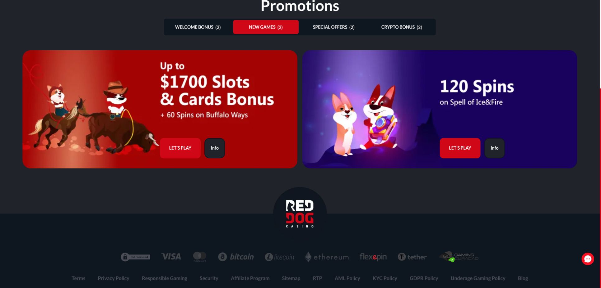 Red and purple blocks hover against a dark backdrop to summarize Red Dog Casino's promotional landscape.