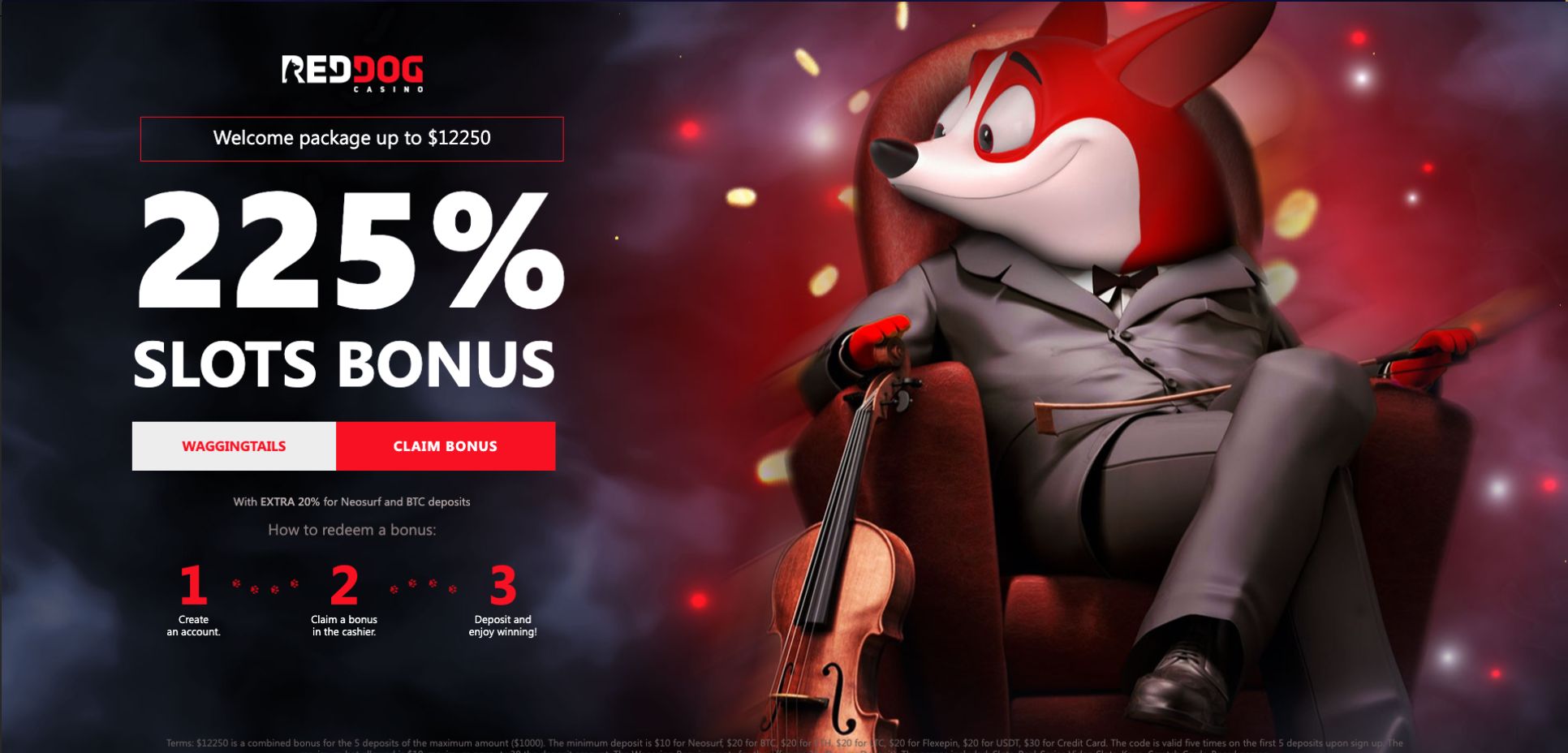 A red cartoon dog's poised with a violin on a blurred backdrop, signifying the welcome bonus overview.