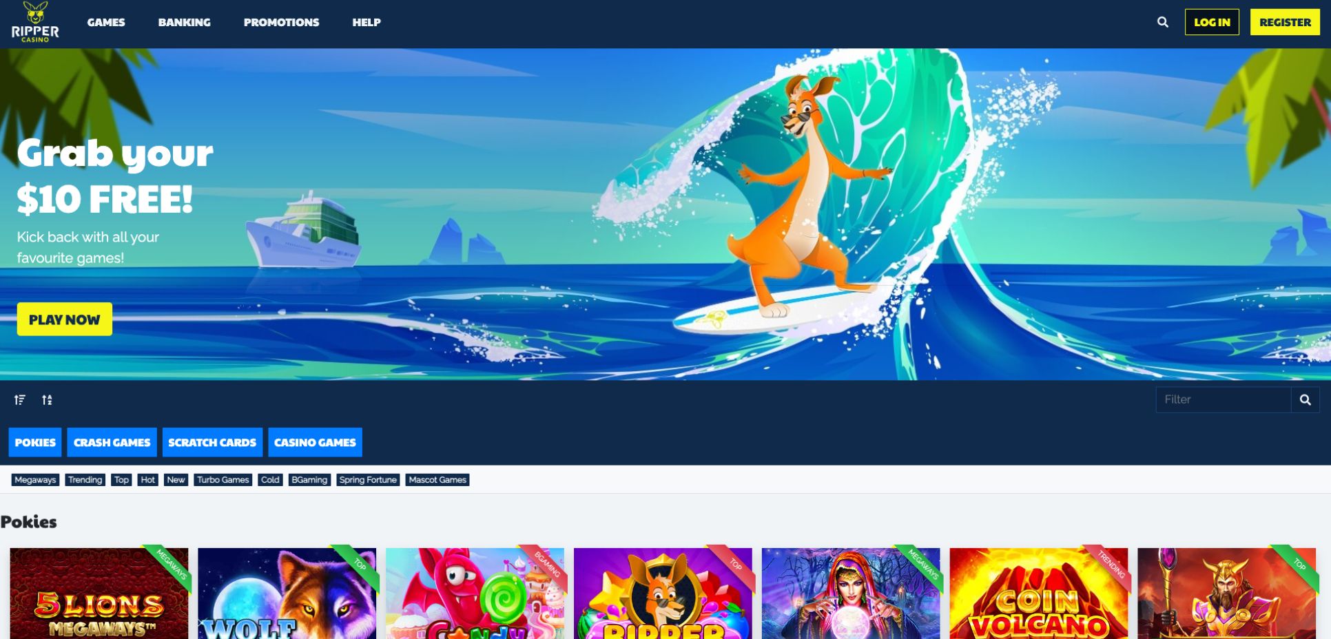 The main page flaunts a lively cartoon kangaroo surfing amidst tropical backdrops, reflecting the casino's vibrant spirit.