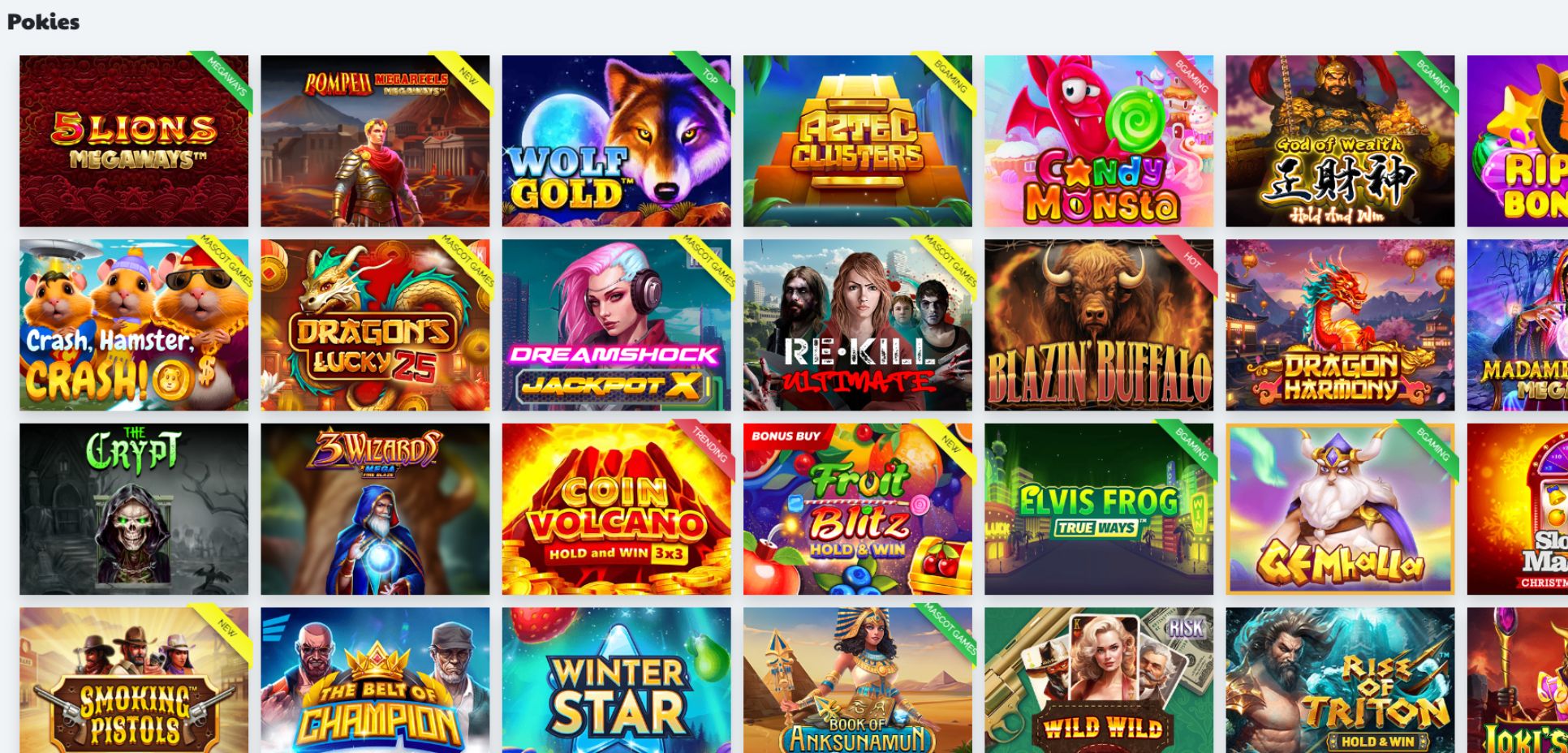 Vibrant pokies logos are artistically arranged in a striking 7x4 grid.