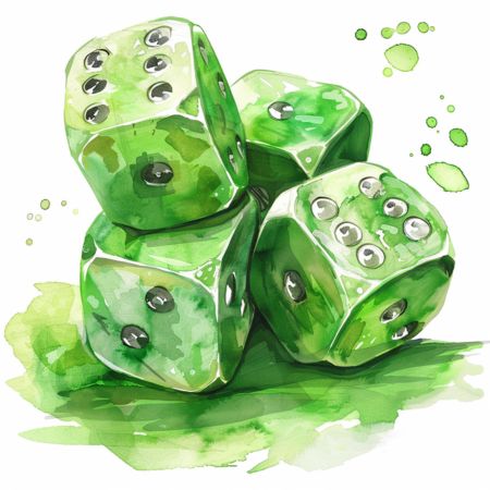 An artistic interpretation depicting four green dice set against a blank backdrop