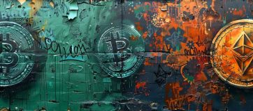 Styled urban art depicting Bitcoin's green and Ethereum's gold logos on matching backgrounds with vibrant street art.