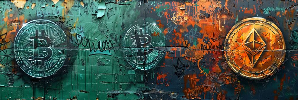 Graffiti murals of green Bitcoin and gold Ethereum symbols sprayed across a colorful backdrop enveloped by urban art.