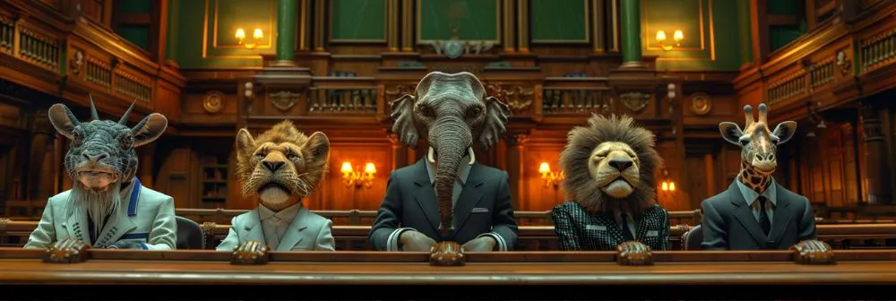 A courtroom scene featuring cartoon animals dressed in formal attire