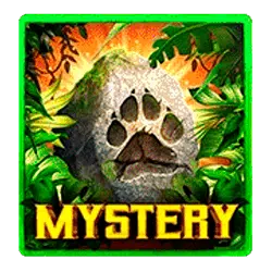 Mystery Symbol: Square logo with a green border, tropical plant motif, stone paw print, and ‘mystery’ inscribed in gold.