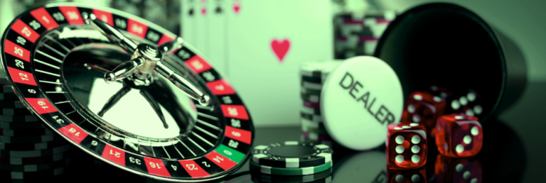 Picture a lively gaming scene adorned with a spinning wheel, dice, and a smattering of poker chips laid out on a felt table.