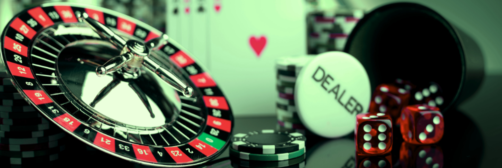 Imagine a lively casino spectacle with roulette wheels spinning, dice clattering, and poker chips stacked high on luxurious green felt.