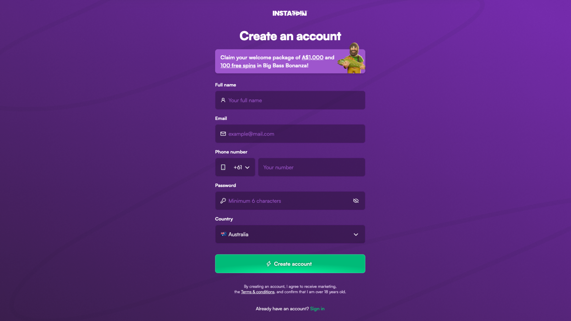 Instaspin Casino registration process step 2
