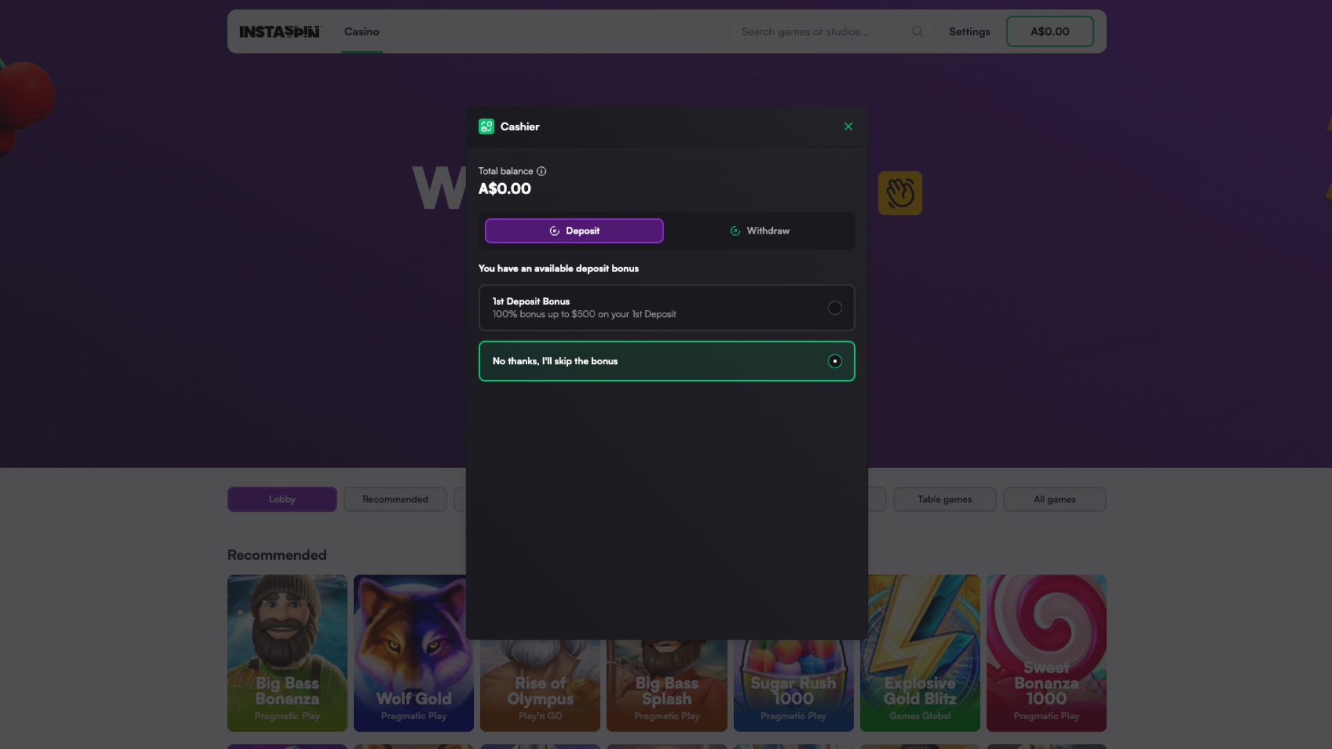 Instaspin Casino registration process step 3